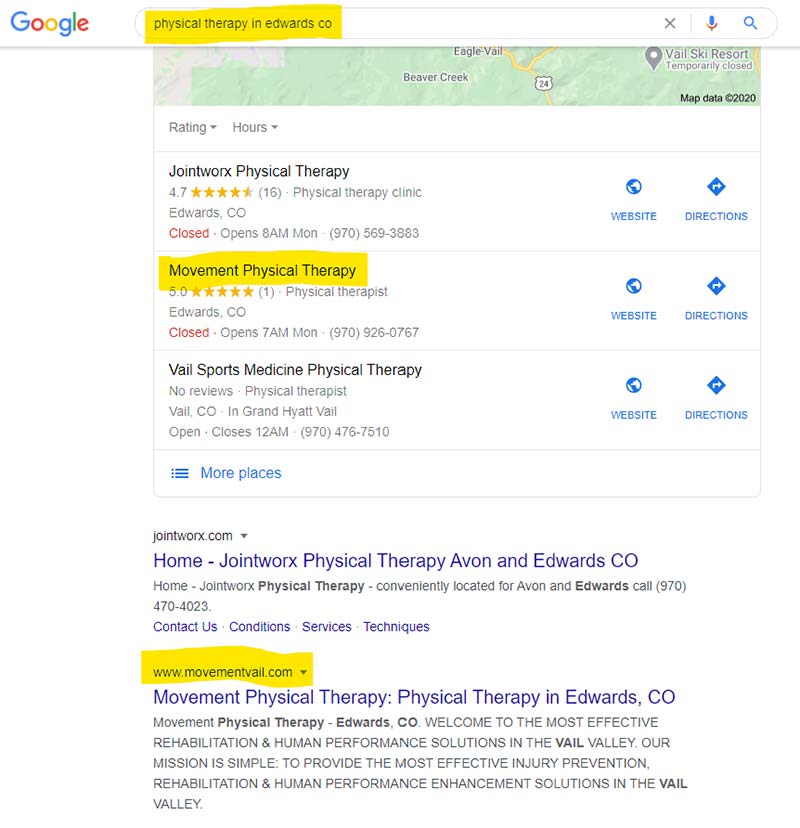 Movement's position in local search to Physical Therapy in Edwards, CO